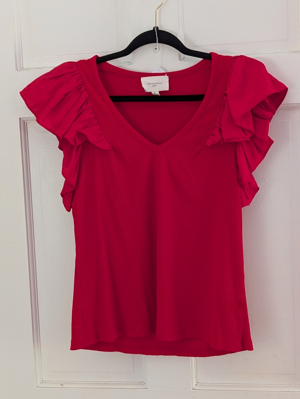 Tuckernuck Pomander Place Red Ruffle Sleeve Blouse Size L Lightweight Dressy Top - Picture 2 of 5